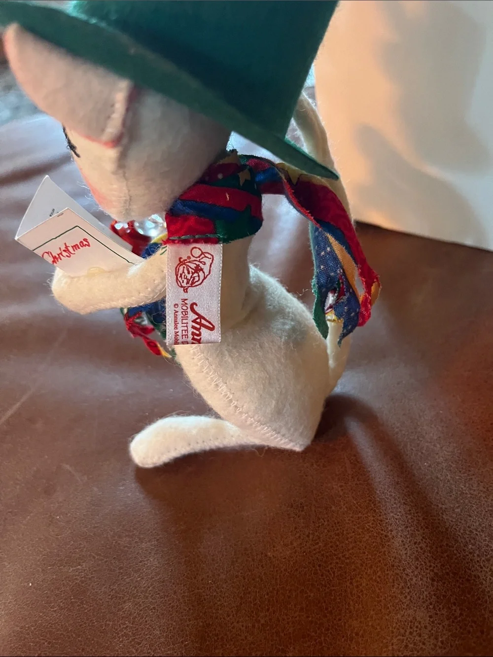 Annalee Cream Cat Doll with Green Hat and Red Lantern